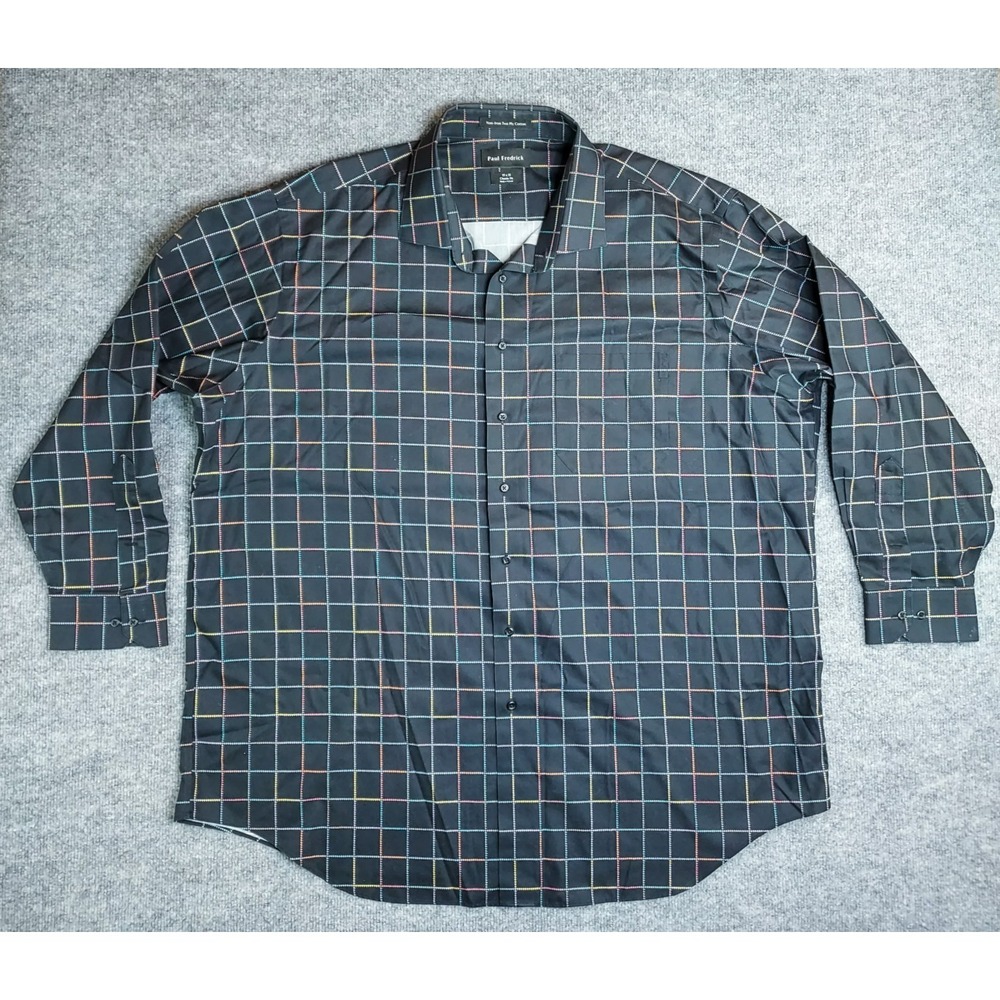 Paul Frederick Non-Iron 2 Ply Cotton Black Plaid Mens Long Sleeve Shirt 19 X 35